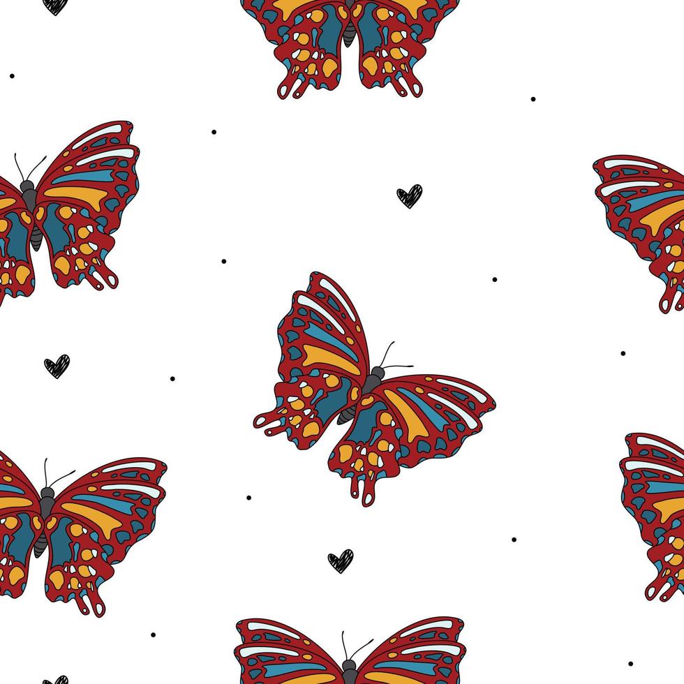 doodle ligne rose rouge orange violet papillons avec motif coeurs noirs mignon sans couture pour les enfants. vecteur