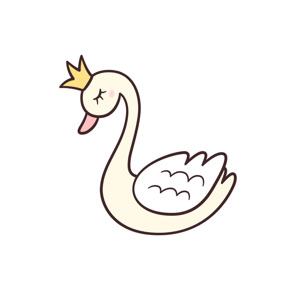 petit cygne princesse avec couronne. illustration vectorielle isolée dans un style doodle vecteur