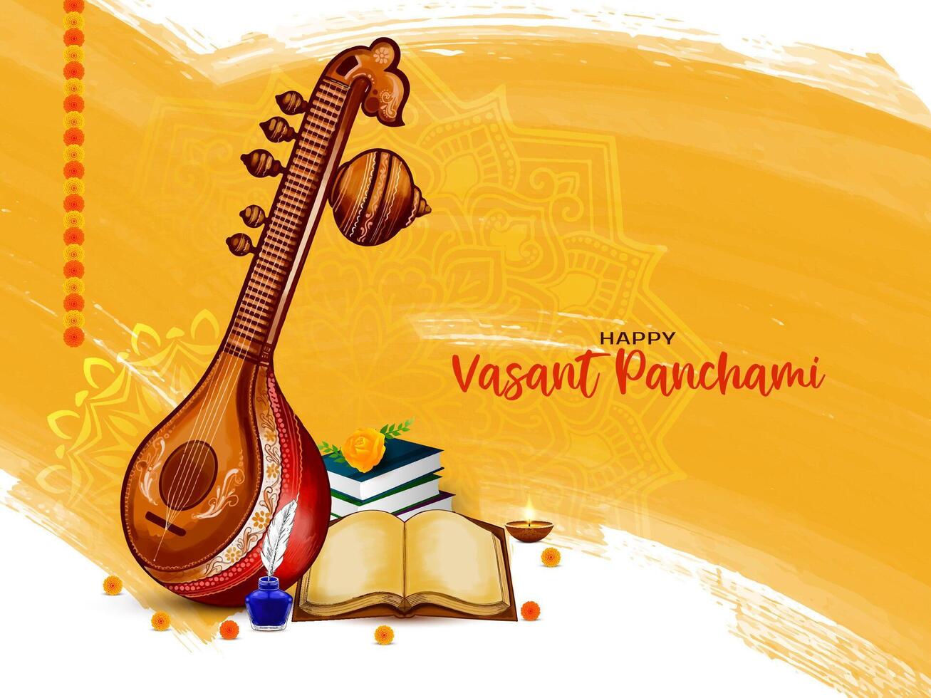 content Vasant panchami culturel Indien Festival carte avec veena illustration vecteur
