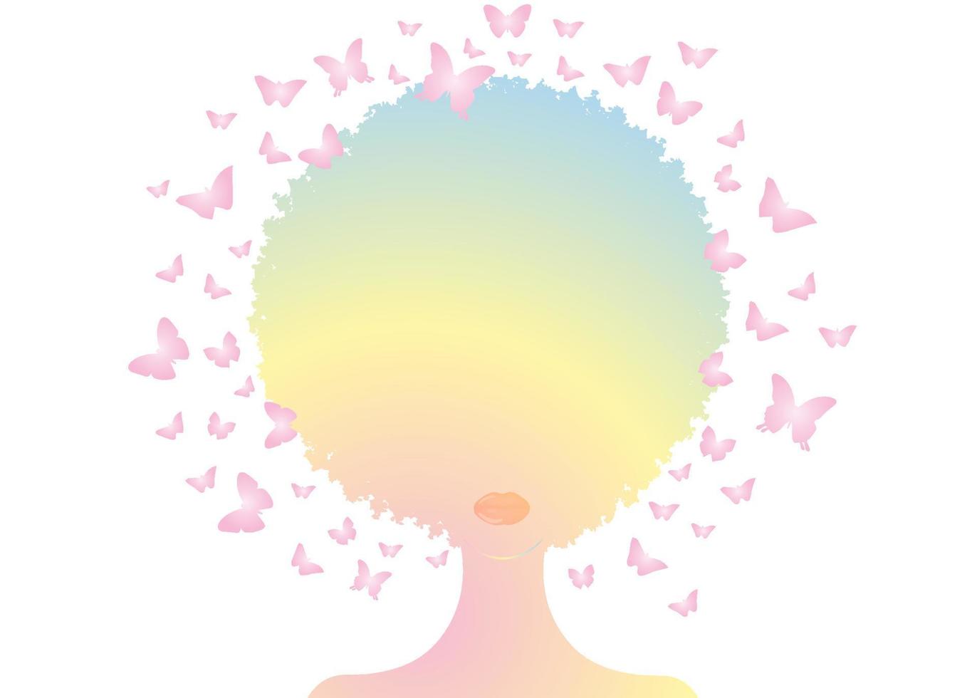 composition décorative colorée de papillon afro bouclé avec portrait de fille silhouette. concept de centre de beauté, salon de coiffure, spa. nuée de papillons coiffe en coiffé bouclé. logo de femme africaine vecteur