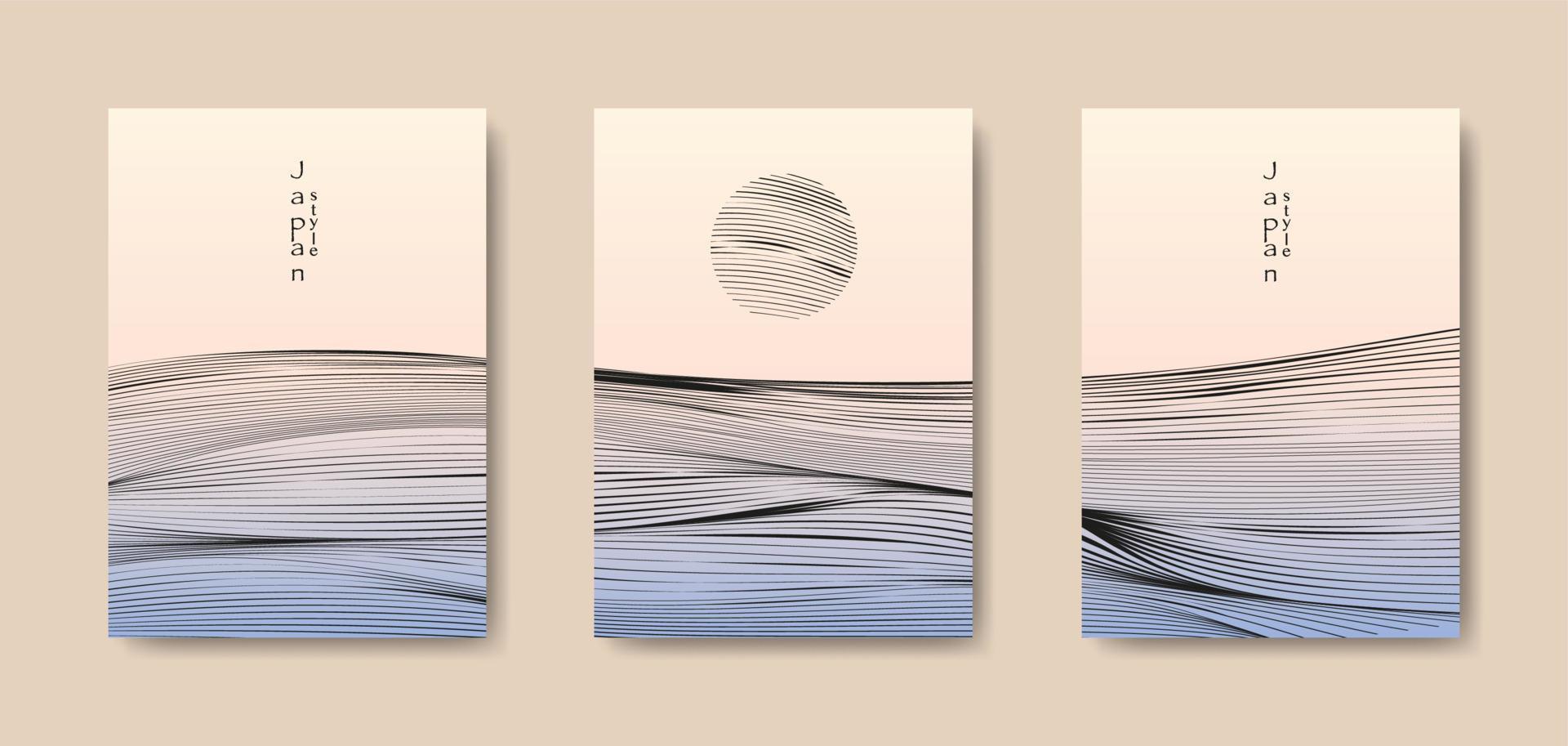 fond de paysage japonais jeu de cartes illustration vectorielle de ligne noire motif d'onde. texture ondulée géométrique de modèle abstrait coloré. conception de mise en page de montagne dans un style oriental, brochure verticale vecteur