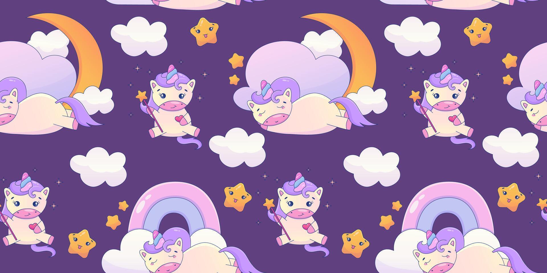 mignonne kawaii Licorne sans couture modèle avec arc en ciel et étoile. Fée mignonne animal les enfants conception. fantaisie fond d'écran avec Licorne et nuage. dessin animé vecteur illustration