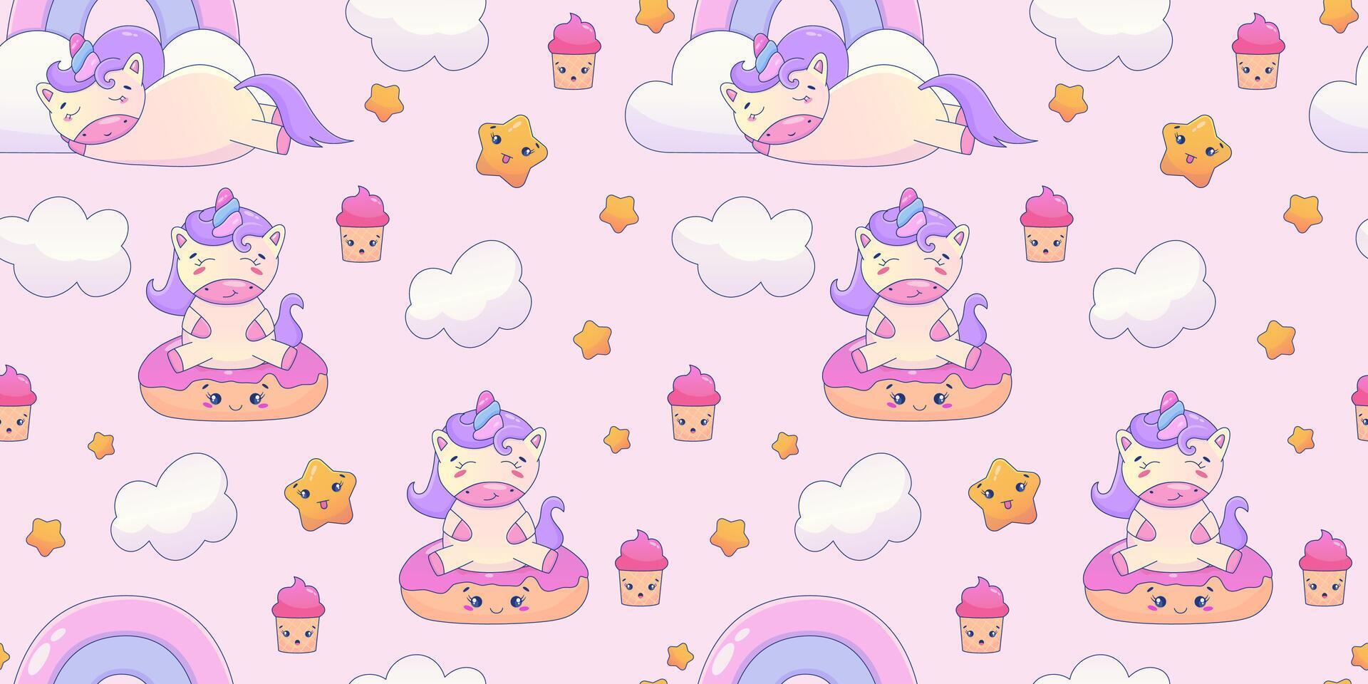 mignonne kawaii Licorne sans couture modèle avec arc en ciel et étoile. Fée mignonne animal les enfants conception. fantaisie fond d'écran avec Licorne et nuage. dessin animé vecteur illustration