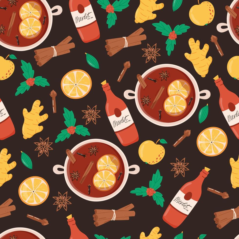 modèle sans couture de vin chaud. ingrédients des boissons chaudes de noël - vin, pomme, gingembre, cannelle, clou de girofle, anis, cardamome. illustration vectorielle. vecteur