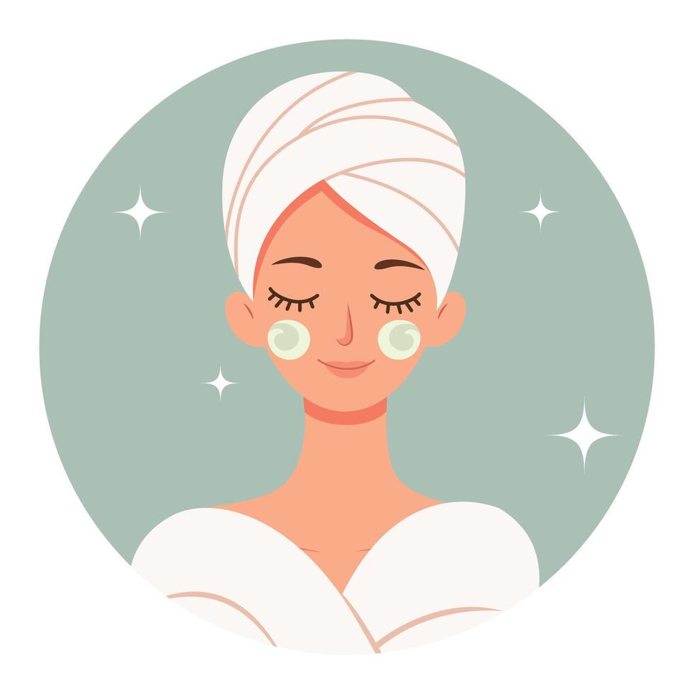 femme du quotidien beauté se soucier routine. fille avec serviette sur tête avec crème sur sa visage vecteur