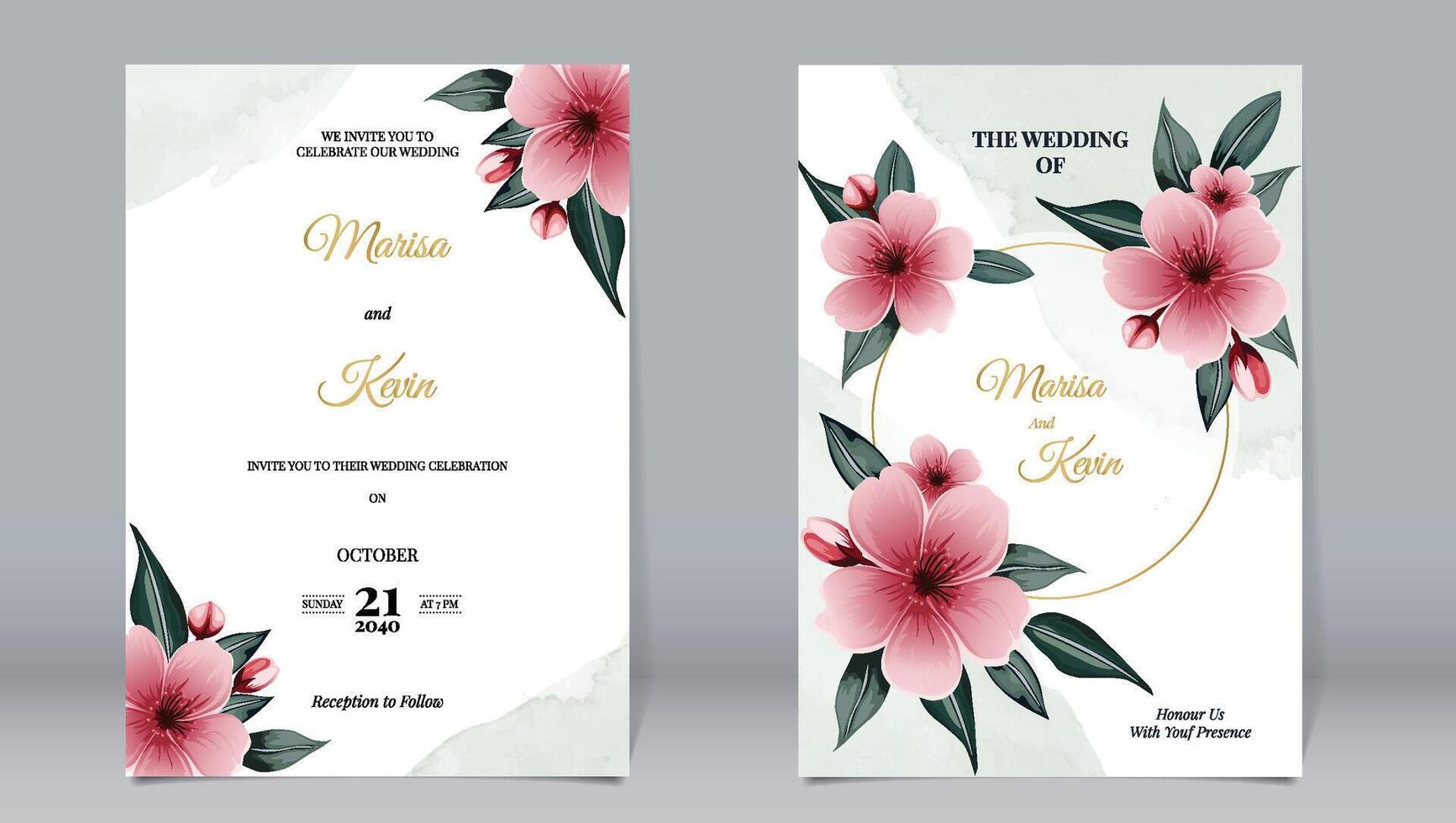élégant mariage invitation Cerise fleur décoration sur rose aquarelle Contexte vecteur