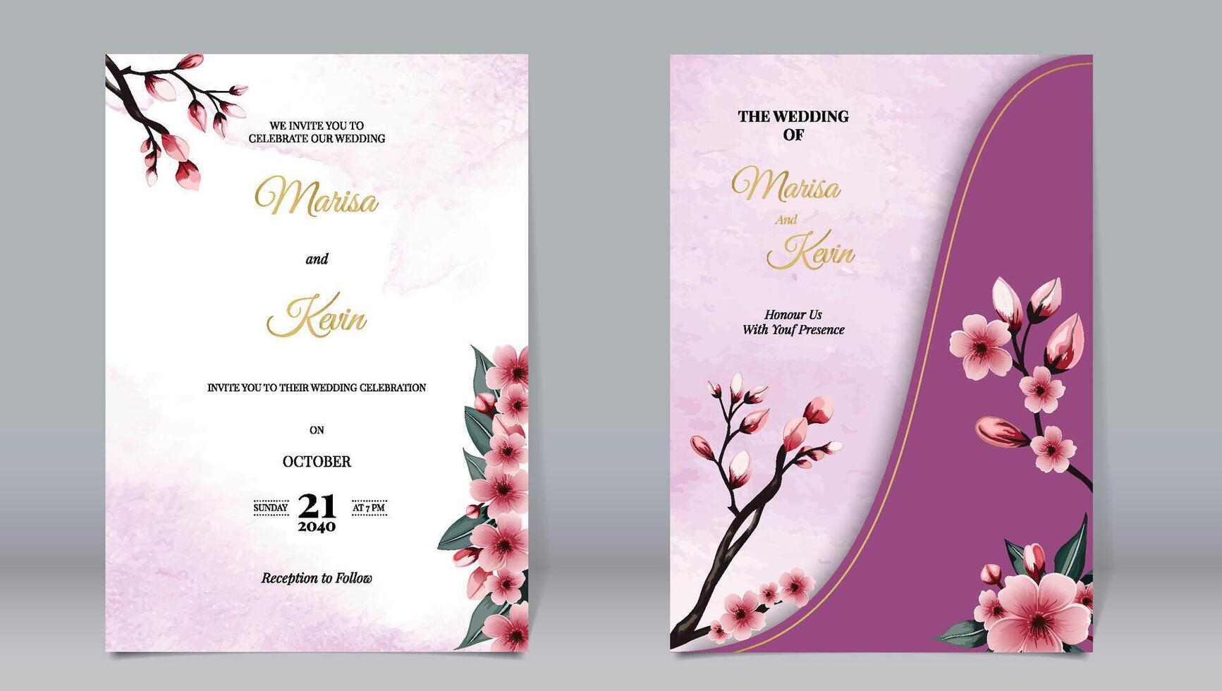 luxe mariage invitation Cerise fleurs et éléments sur aquarelle Contexte vecteur