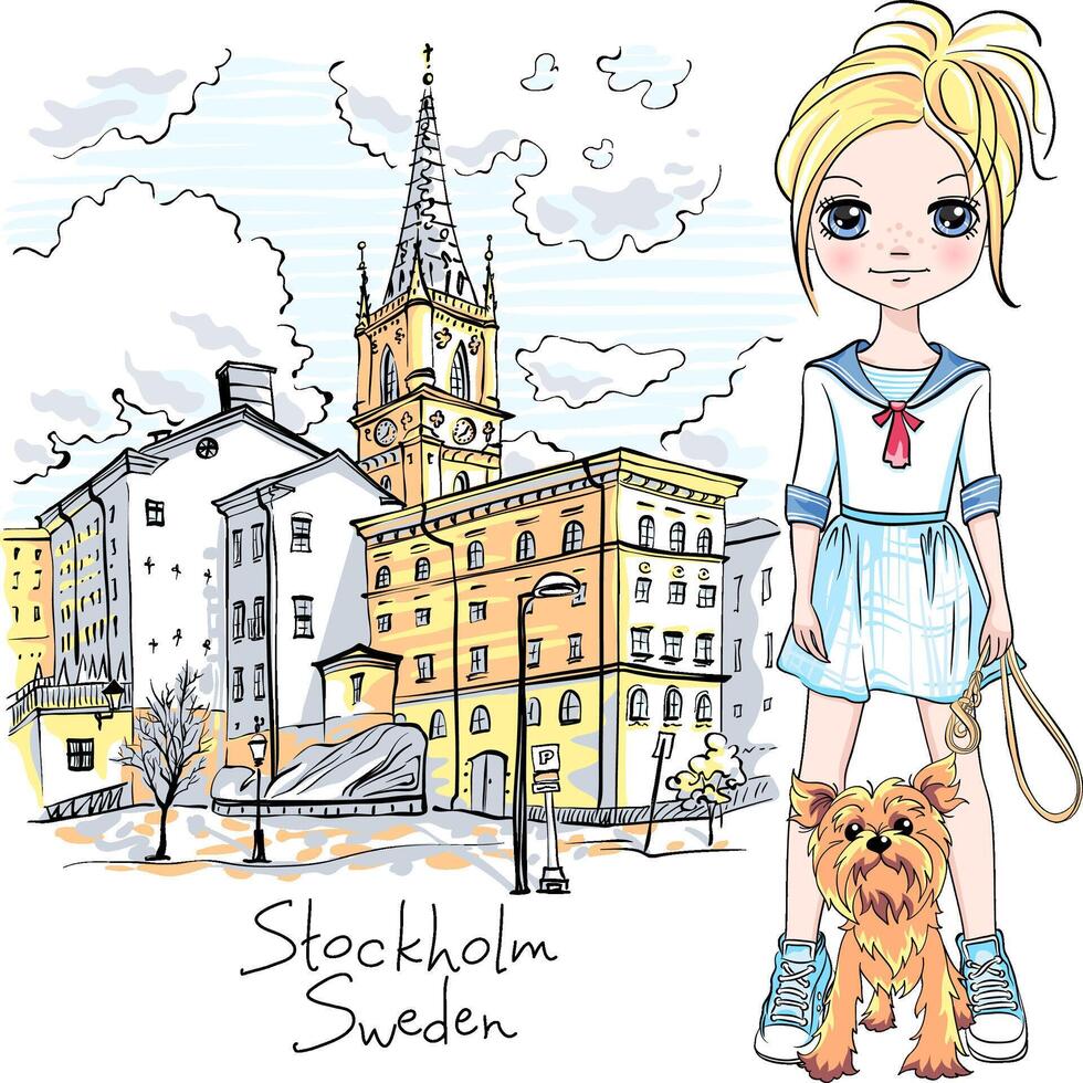 fille avec chien dans Stockholm vecteur