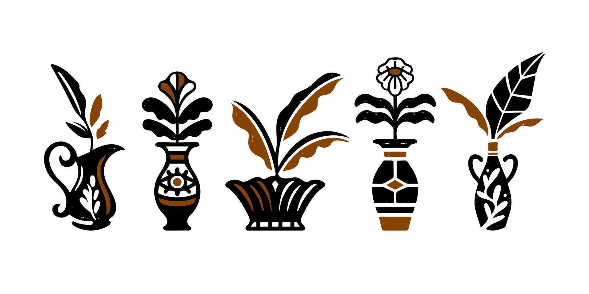 ensemble de sensationnel fleur tropical plante avec des vases . branché botanique mur les arts avec floral conception dans ancien illustration art style. moderne naïve sensationnel froussard fond d'écran décorations vecteur art.