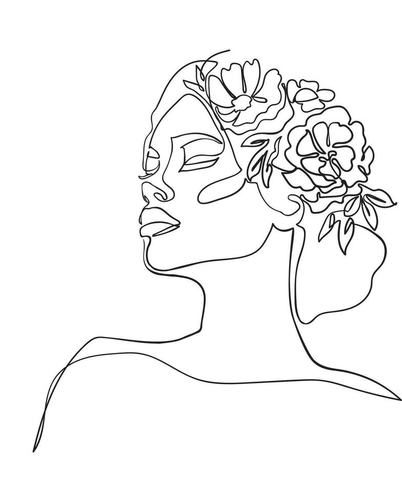 fleur tête féminin illustration ligne dessin. la nature biologique produits de beauté se maquiller. ligne art - vecteur illustration