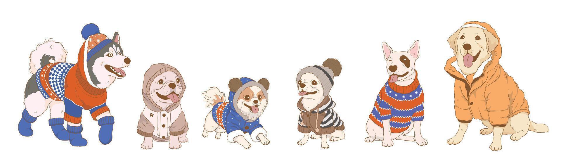 dessin animé chien portant vêtements ,chien dans divers pulls, sweat à capuche et veste dans hiver, isolé sur blanc Contexte. vecteur