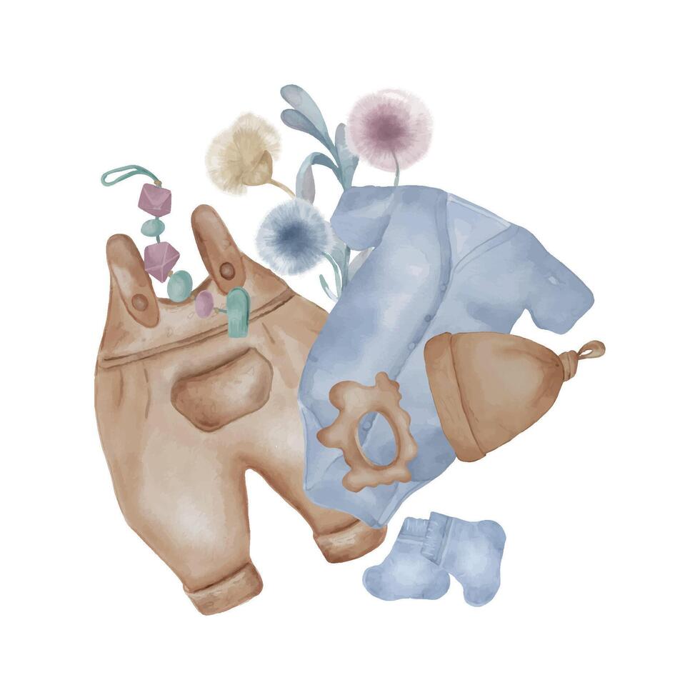 illustration avec bébé vêtements, pouf et abstrait les plantes isolé sur blanc Contexte. main tiré bébé le maillot de corps et barboteuse. bébé jouet dans pastel nuances. éléments pour anniversaire carte ou nouveau née fête vecteur