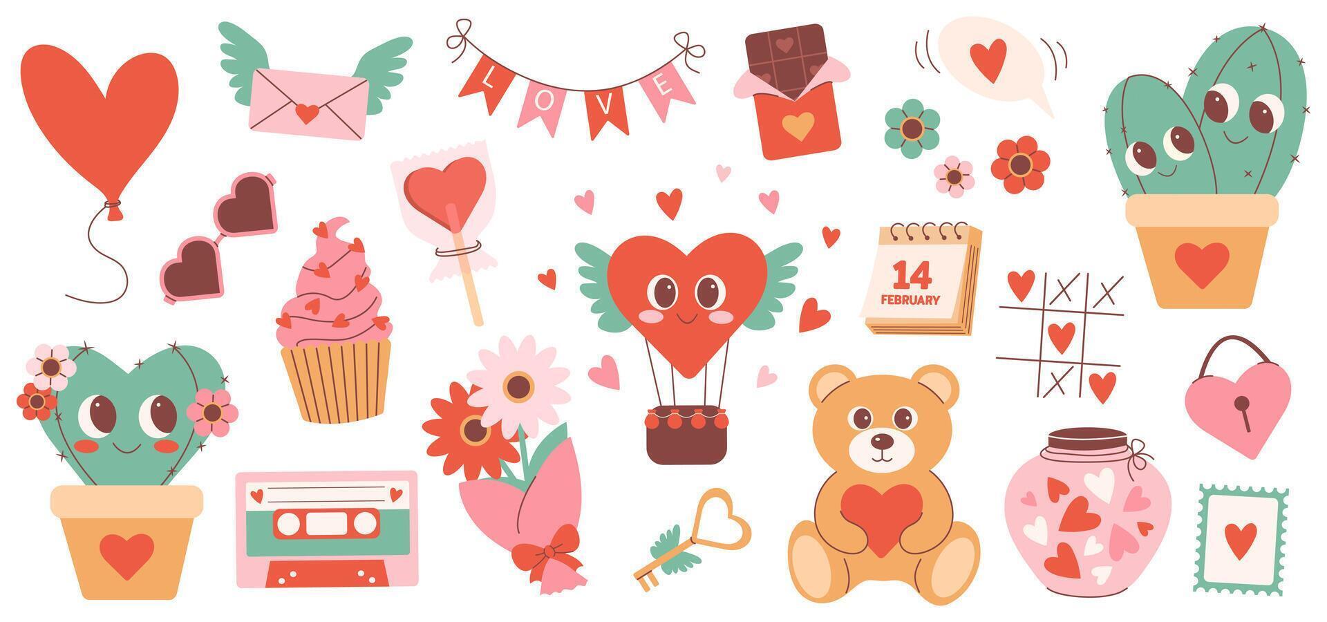 ensemble de mignonne valentines journée autocollants. cœurs, petit gâteau, fleurs, cactus, ours, bonbons et autre romantique éléments. vecteur des illustrations pour salutation cartes, bannières, affiches, planificateurs