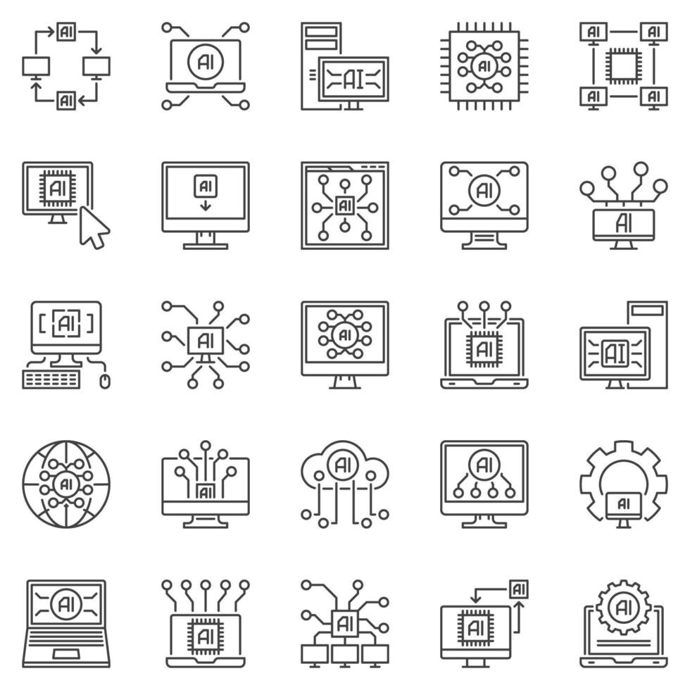 ordinateur avec ai contour Icônes ensemble - artificiel intelligence dans PC numérique La technologie concept symboles vecteur