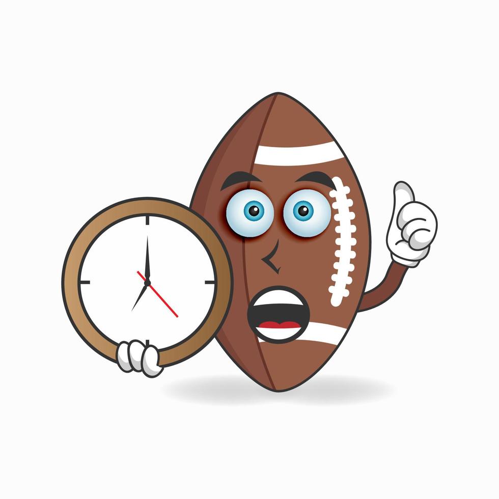 personnage mascotte de football américain tenant une horloge murale. illustration vectorielle vecteur