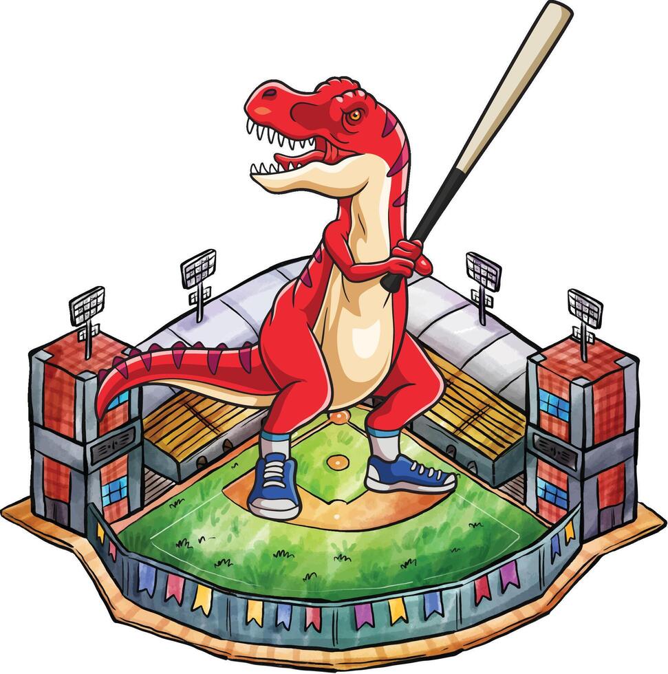 une dessin animé dinosaure en portant une base-ball chauve souris dans de face de une base-ball stade. vecteur