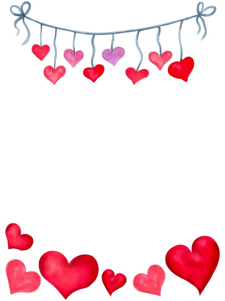 Cadre pour la Saint-Valentin jour, de la mère journée pour simple, amis, copines. rouge et rose cœurs sur ruban. aquarelle et marqueur illustration. verticale modèles pour cartes. main tiré isolé art vecteur