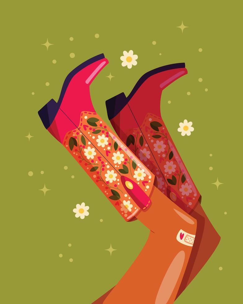 femme jambes avec cow-boy bottes décoré avec fleurs. cow-girl avec cow-boy bottes. américain occidental thème. coloré vibrant vecteur illustration.