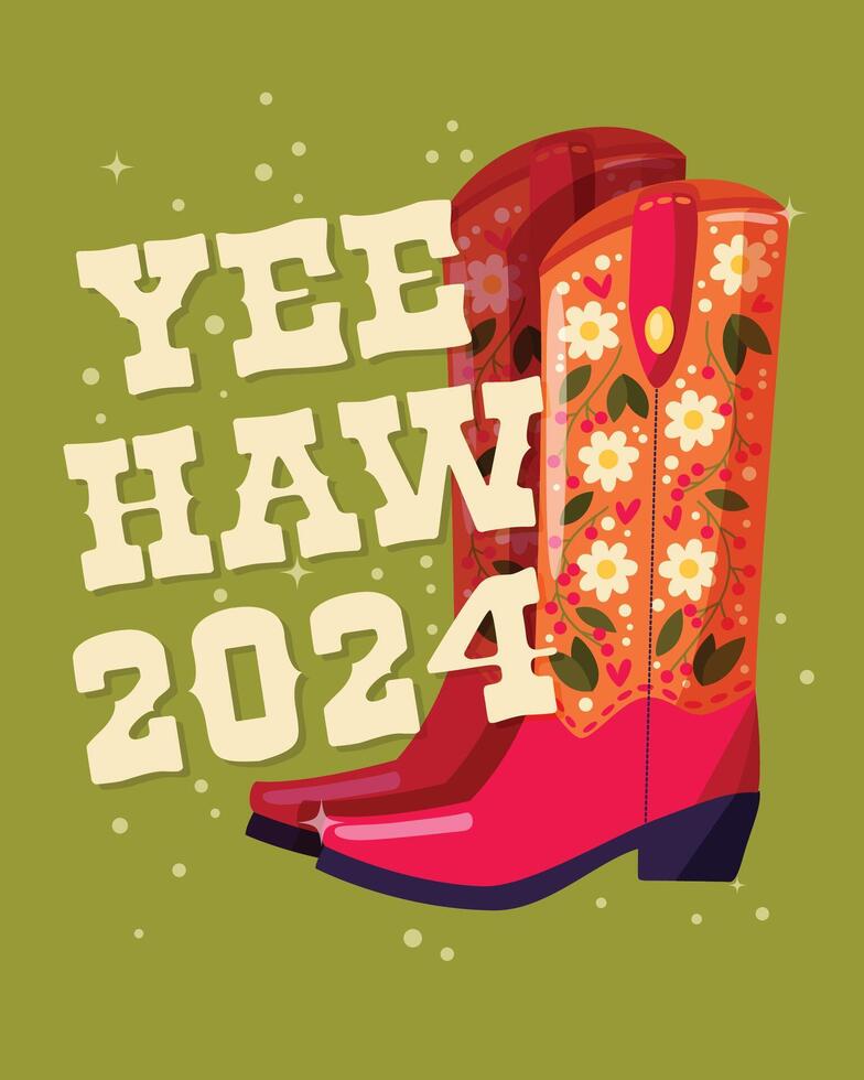 une paire de cow-boy bottes décoré avec fleurs et une main caractères message ouais 2024 sur vert Contexte. content Nouveau année coloré main tiré vecteur illustration dans brillant vibrant couleurs.