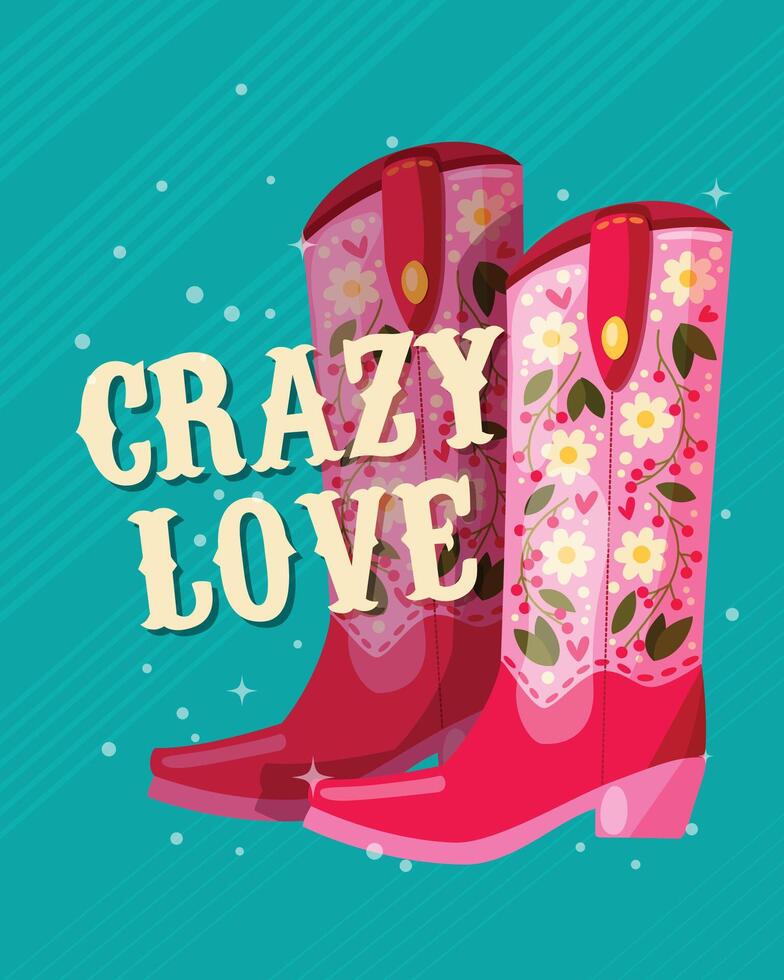 une paire de cow-boy bottes décoré avec fleurs et une main caractères message fou l'amour sur bleu Contexte. Valentin coloré main tiré vecteur illustration dans brillant vibrant couleurs.