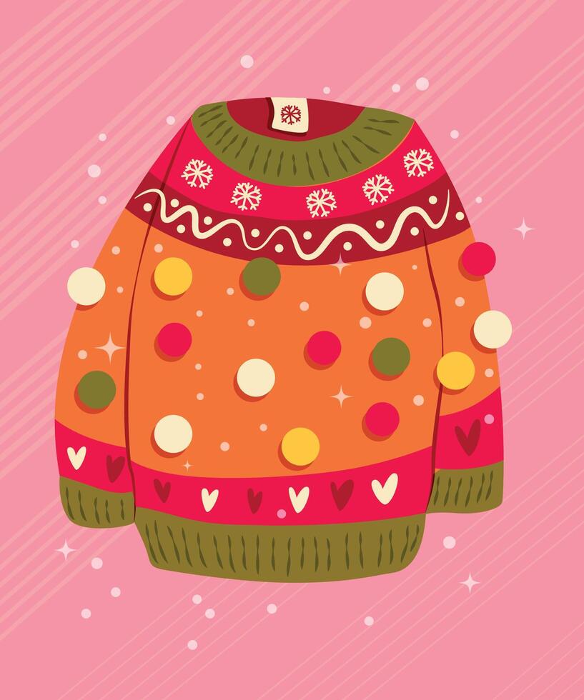 mignonne vibrant main tiré chandail avec hiver décoration et pompons. coloré vacances vecteur illustration.