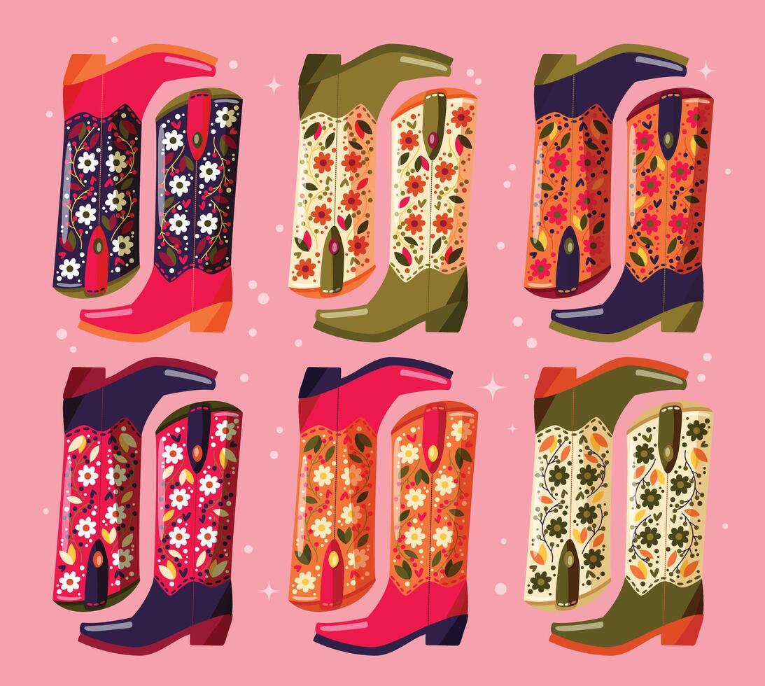 collection de main tiré cow-boy bottes décoré avec fleurs sur rose Contexte. vibrant et coloré vecteur illustration.
