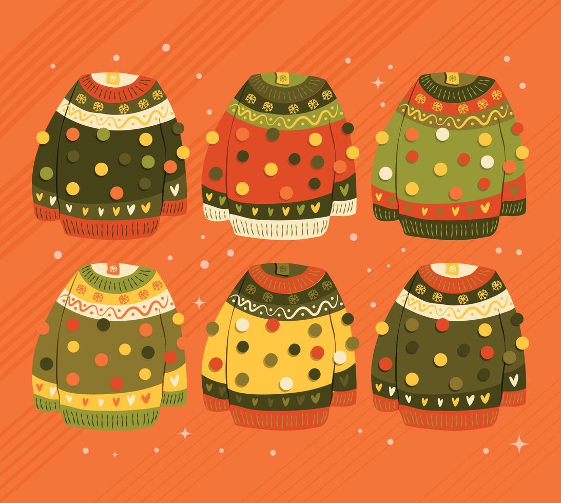 collection de six mignonne vibrant main tiré chandails avec hiver décoration et pompons. coloré vacances vecteur illustration.