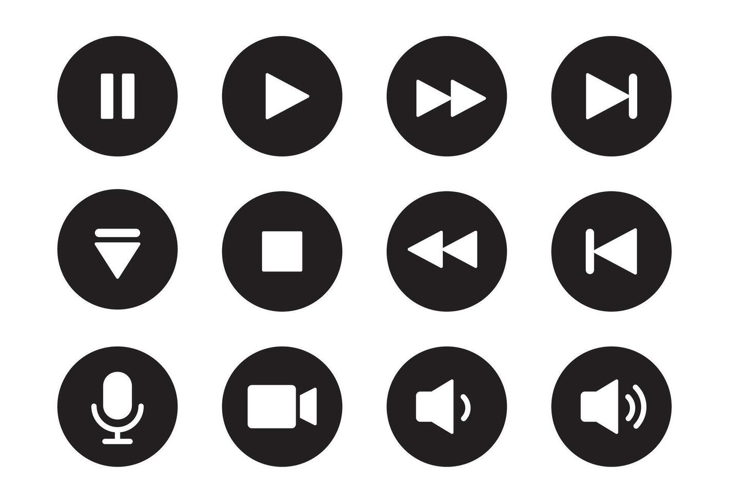 l'audio, vidéo, la musique joueur bouton icône. du son contrôle, jouer, pause bouton solide icône ensemble. caméra, médias contrôle, microphone interface pictogramme. vecteur