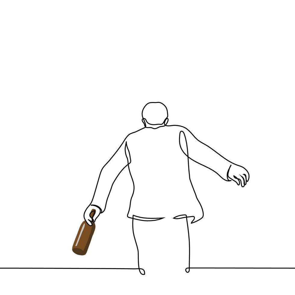 homme en marchant échelonnement avec bouteille dans main - un ligne dessin vecteur. concept ivrogne avec une boisson vecteur