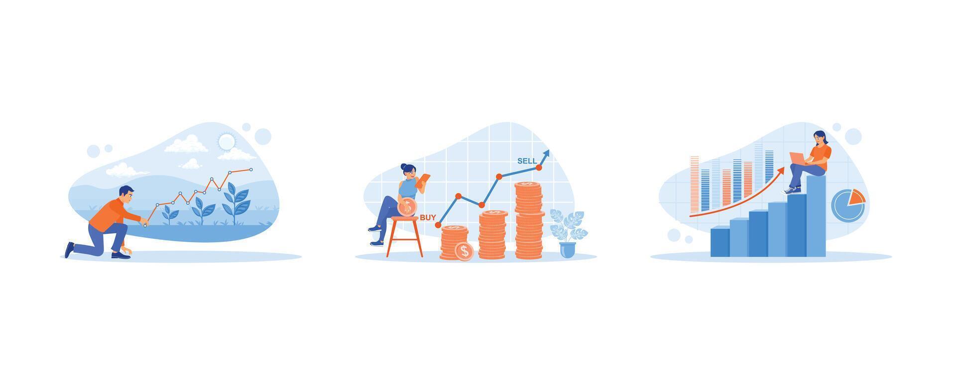 croissance une analyse concept. homme observe plante croissance en utilisant une croissance graphique. une Jeune femme est assis sur une chaise, en portant pièces de monnaie et une mobile téléphone. analyser affaires croissance. ensemble plat vecteur moderne illustration