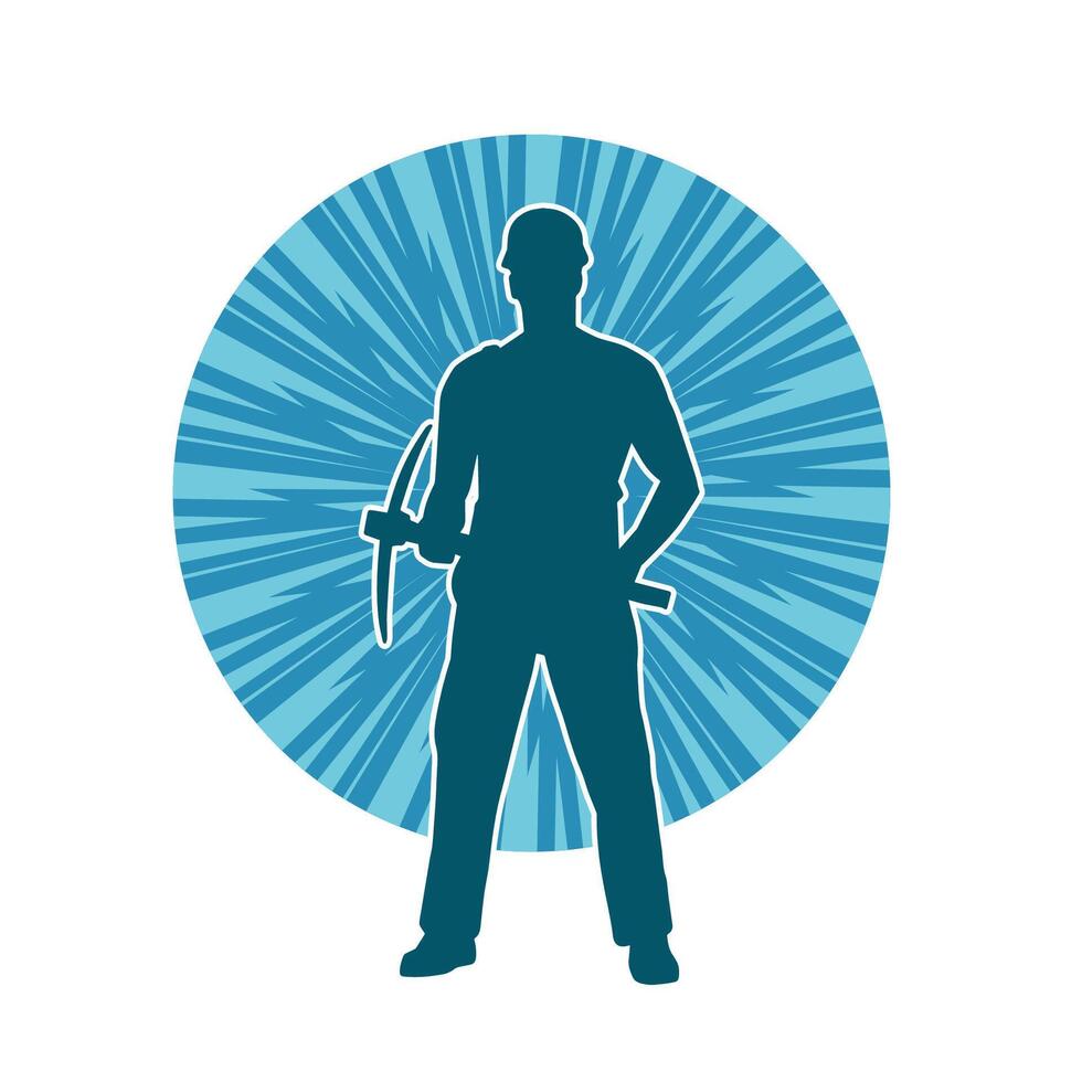 silhouette de une homme dans ouvrier costume porter choisir hache outil dans action pose. silhouette de une mineur dans action pose avec choisir hache outil. vecteur