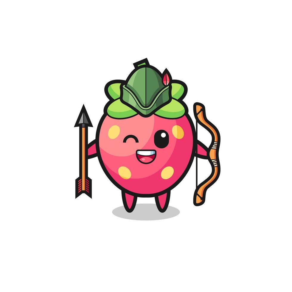 caricature de fraise comme mascotte d'archer médiéval vecteur