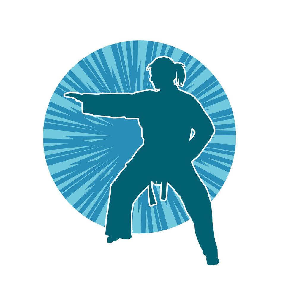 silhouette de une svelte femelle Faire martial art pose. silhouette de une martial art femme dans action pose. vecteur