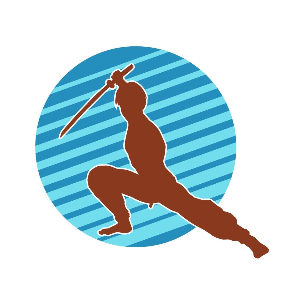 silhouette de une kungfu ou wushu martial art athlète dans action pose. silhouette de une Masculin martial art la personne dans pose avec épées arme. vecteur