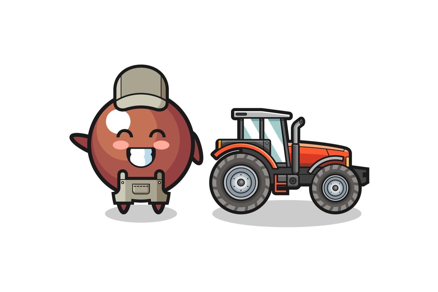 la mascotte de fermier boule de chocolat debout à côté d'un tracteur vecteur