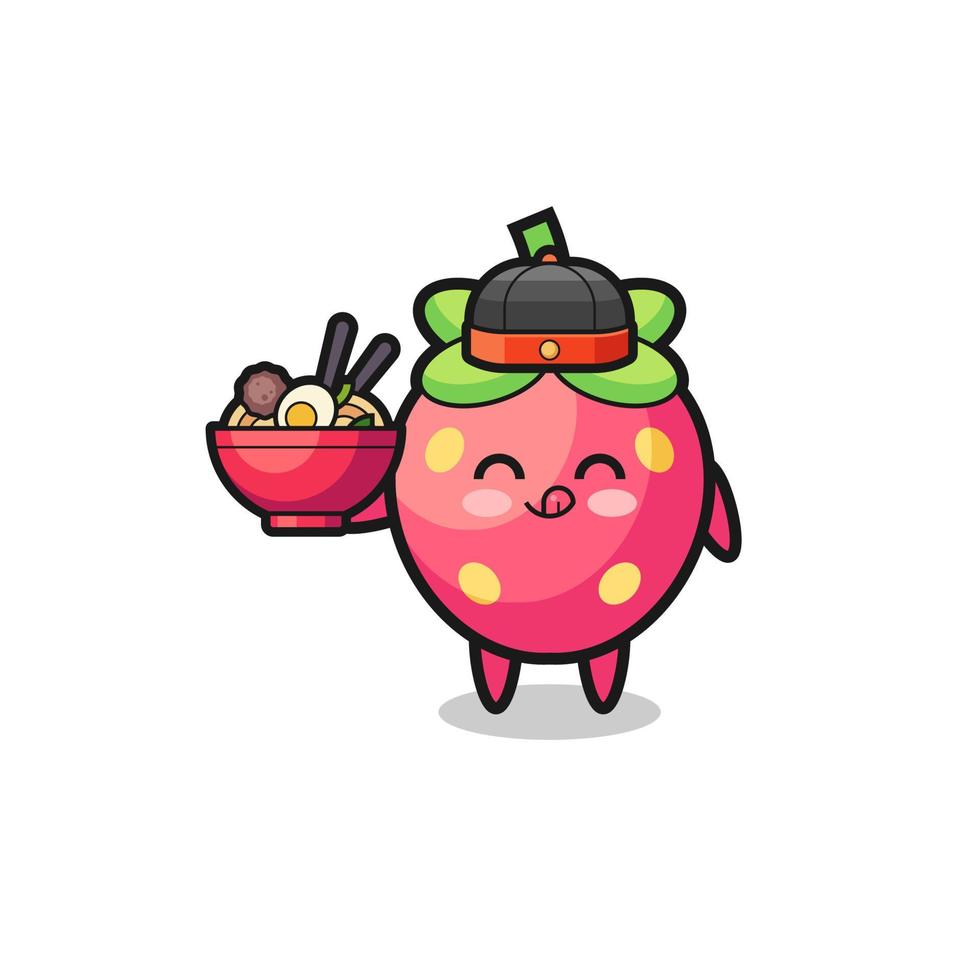 fraise comme mascotte de chef chinois tenant un bol de nouilles vecteur