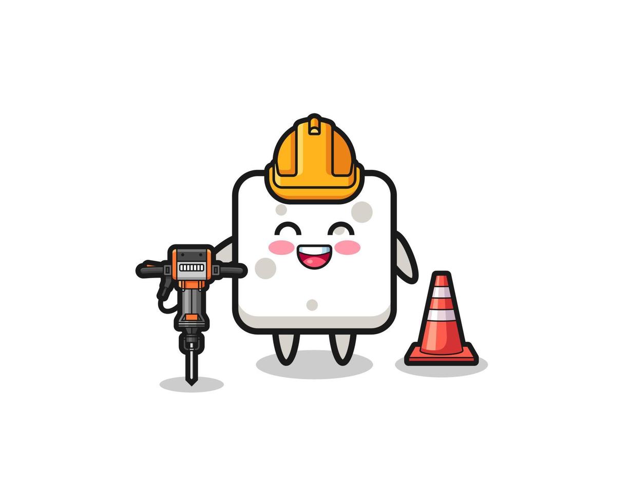 mascotte de travailleur routier de cube de sucre tenant une perceuse vecteur