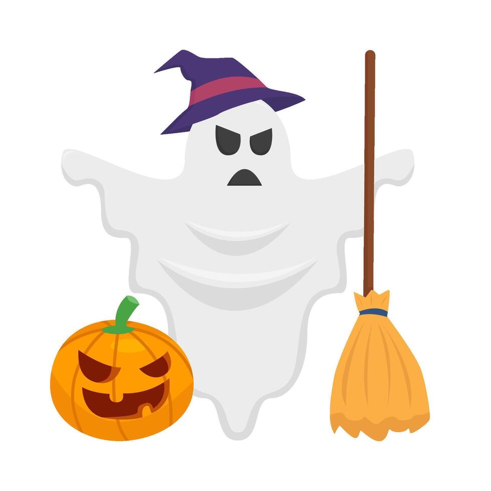 fantôme sorcière, balai avec citrouille Halloween illustration vecteur