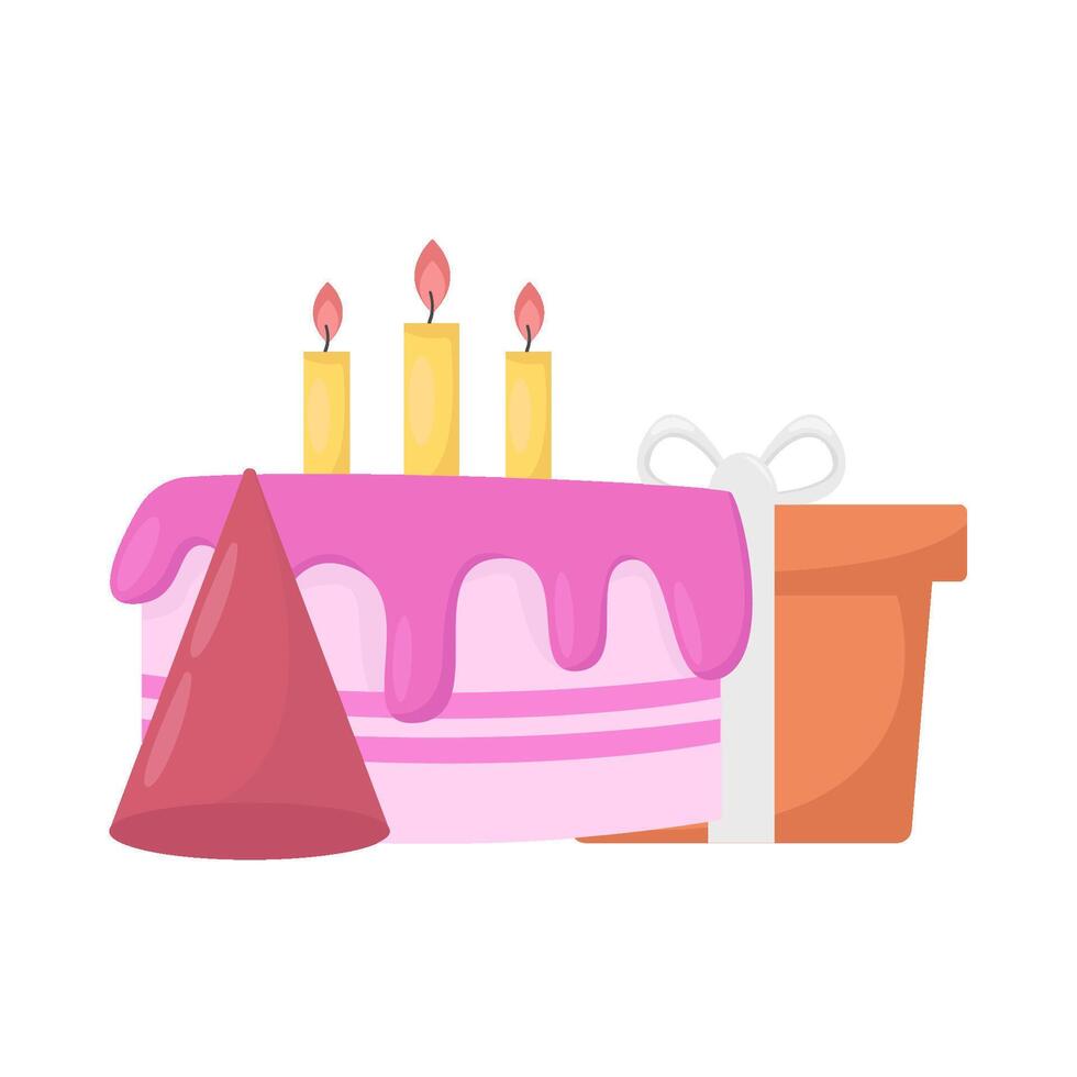 anniversaire gâteau, chapeau anniversaire avec cadeau boîte illustration vecteur