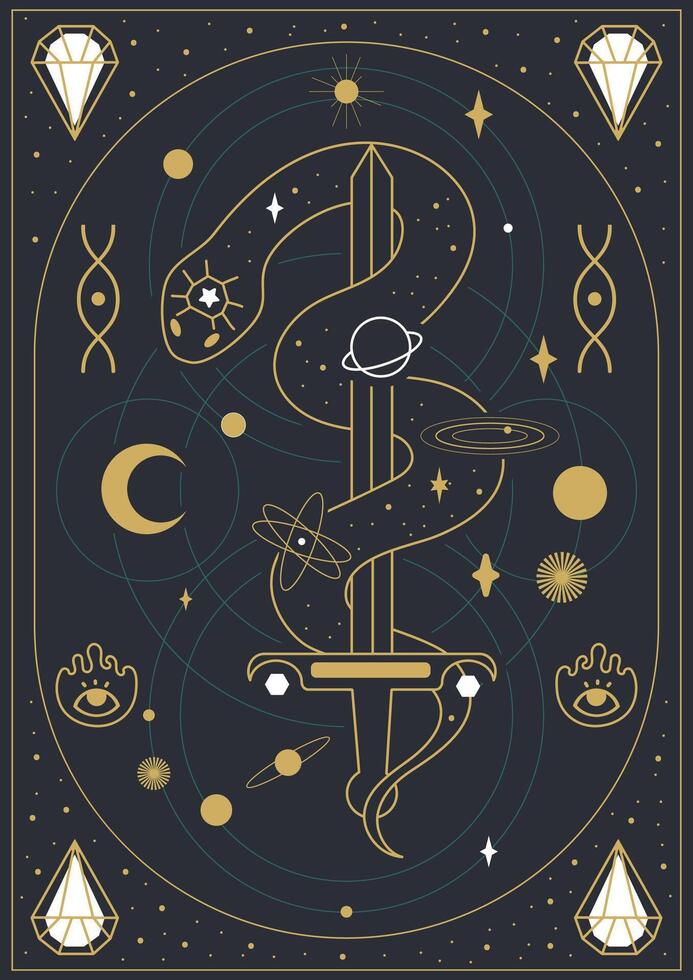conception dans boho style pour le couverture, astrologie, tarots. serpent et épée. vecteur illustration.