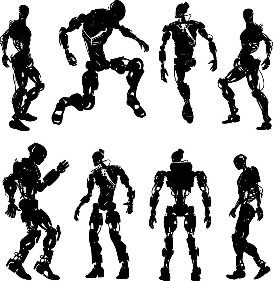 ai généré silhouette divers sortes de robot mouvements noir Couleur seulement plein corps vecteur