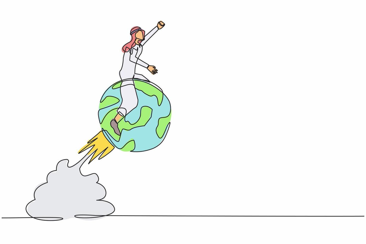 continu un ligne dessin arabe homme d'affaire équitation sphère globe fusée en volant dans le ciel. global affaires expansion, ouvert entreprise branche dans Nouveau emplacement. Célibataire ligne dessiner conception vecteur illustration