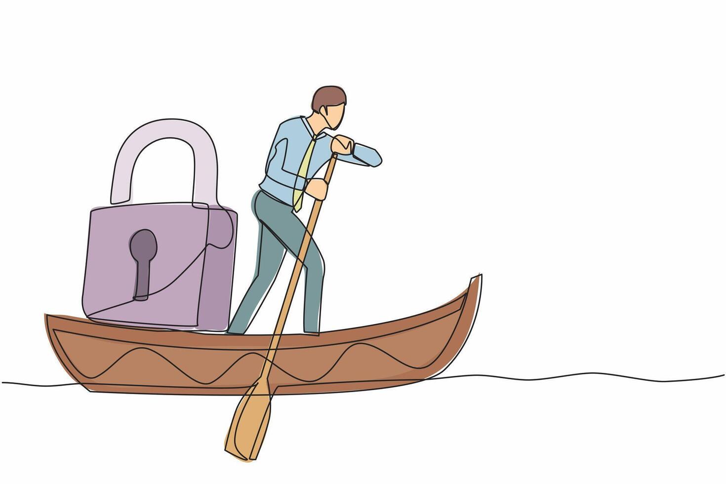 Célibataire un ligne dessin homme d'affaire permanent dans bateau et voile avec cadenas. livraison protection à océan de pirate. Sécurité dans affaires à mer. continu ligne conception graphique vecteur illustration