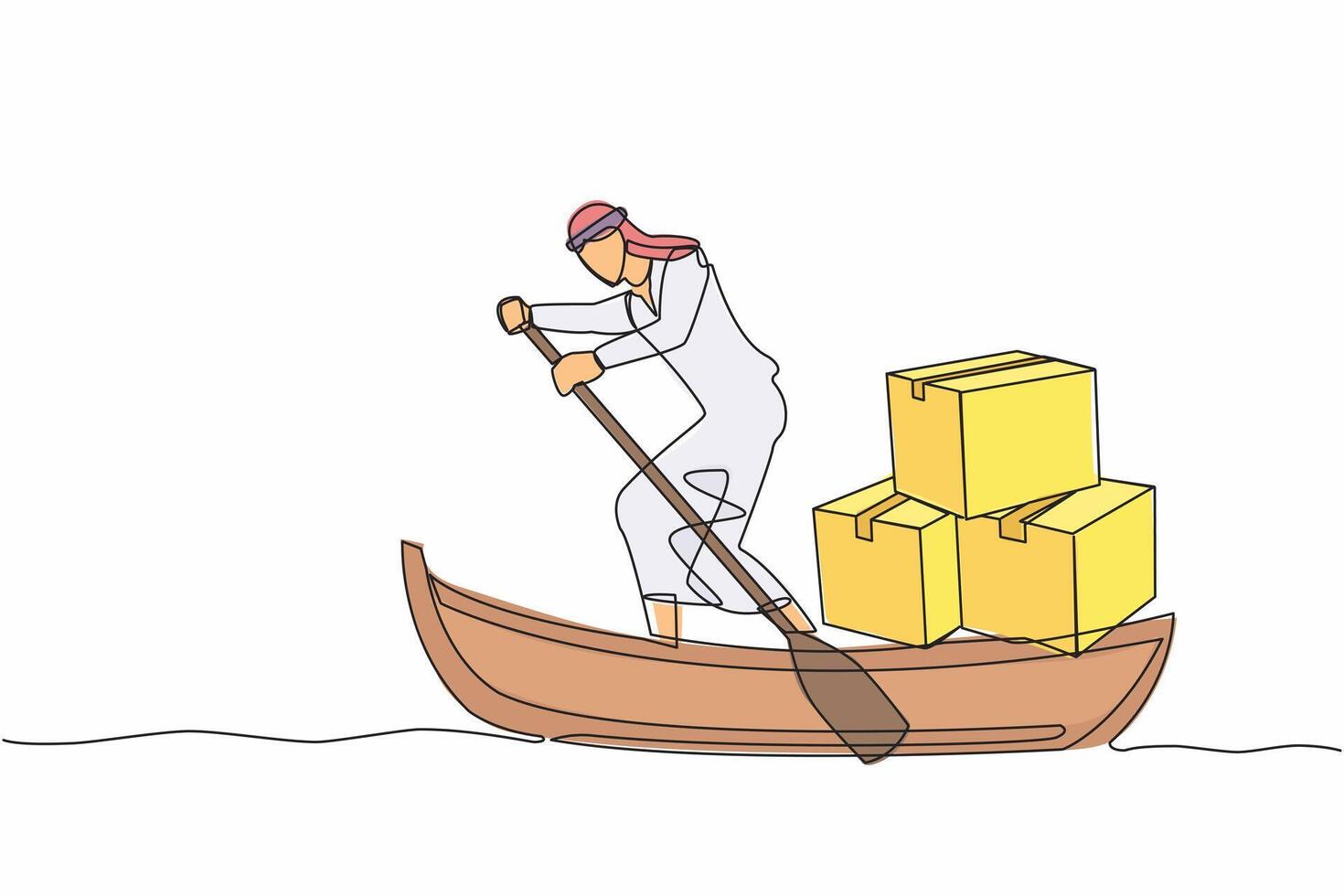 continu un ligne dessin arabe homme d'affaire voile une façon sur bateau avec pile de papier carton. océan transport. livraison articles livré via voilier. Célibataire ligne conception vecteur graphique illustration