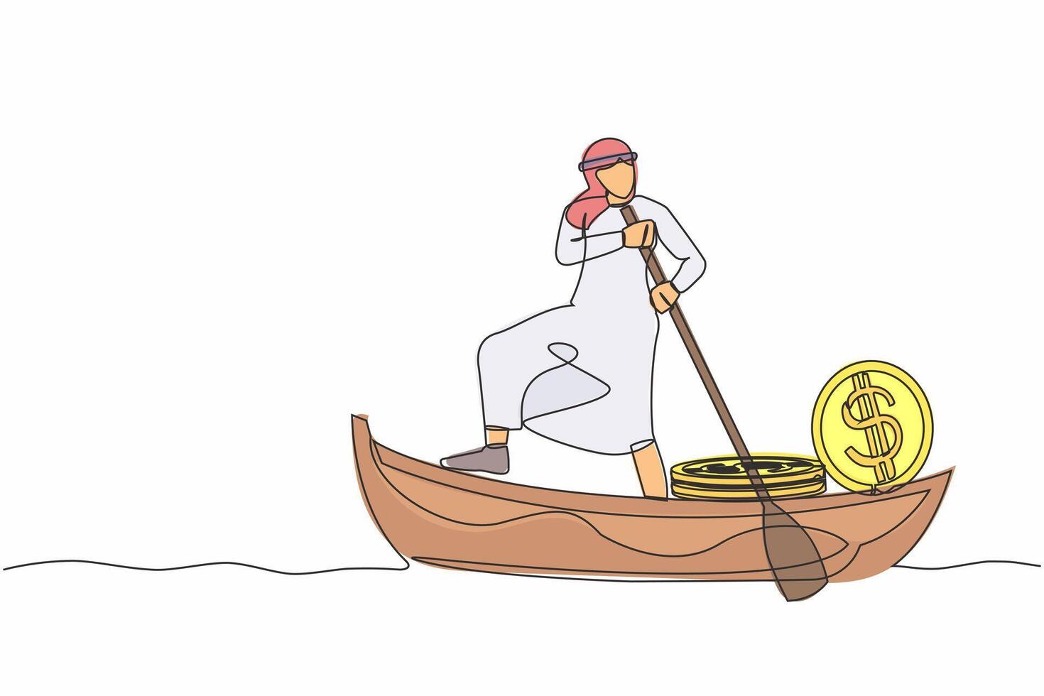 Célibataire un ligne dessin arabe homme d'affaire voile une façon sur bateau avec pile de dollar pièces de monnaie. criminel a volé d'or pièce de monnaie de banque. la corruption, voleur. continu ligne conception graphique vecteur illustration