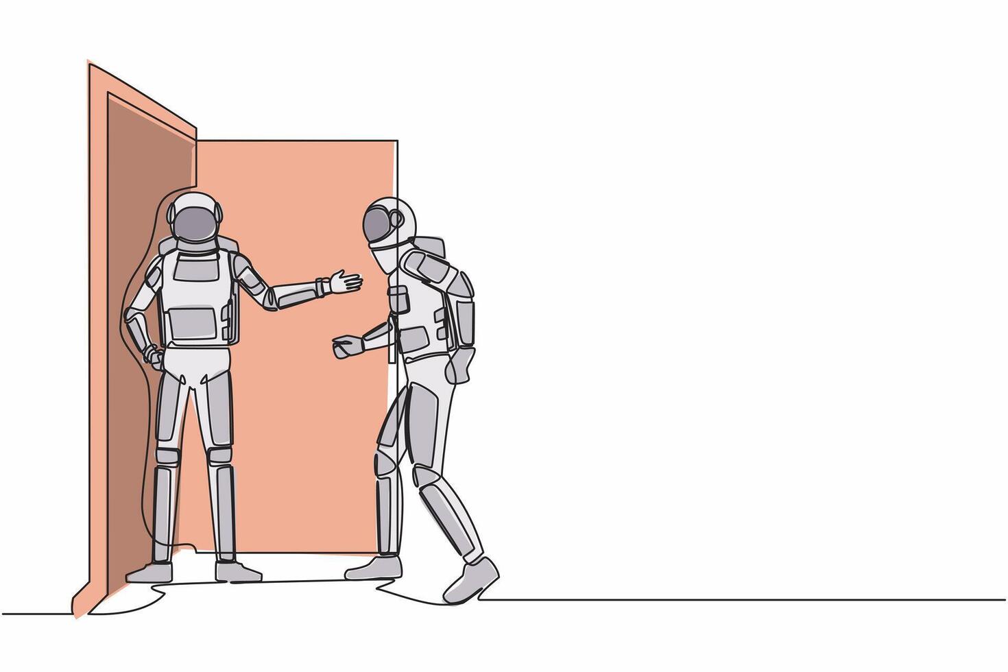 Célibataire continu ligne dessin Jeune astronaute à le porte se félicite le sien ami dans. astronaute attrayant le sien ami à avoir dans le sien maison. cosmonaute Profond espace. un ligne graphique conception vecteur illustration