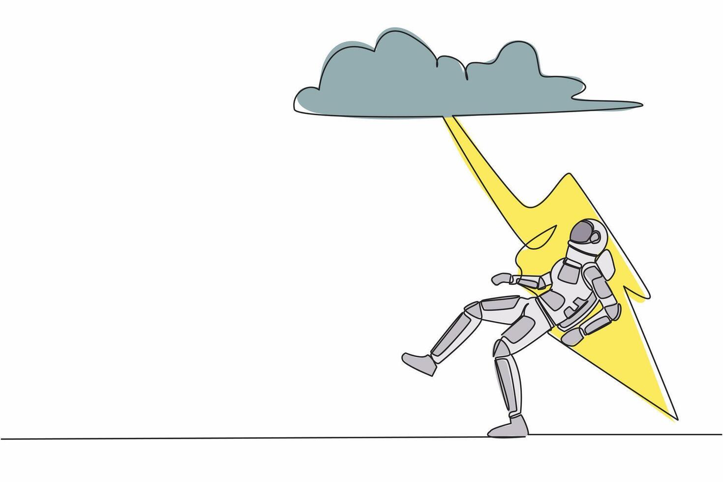 Célibataire continu ligne dessin Jeune astronaute frappé par foudre de foncé nuage. mal chance, misère, catastrophe dans sortie dans l'espace Découverte. cosmonaute Profond espace. un ligne graphique conception vecteur illustration