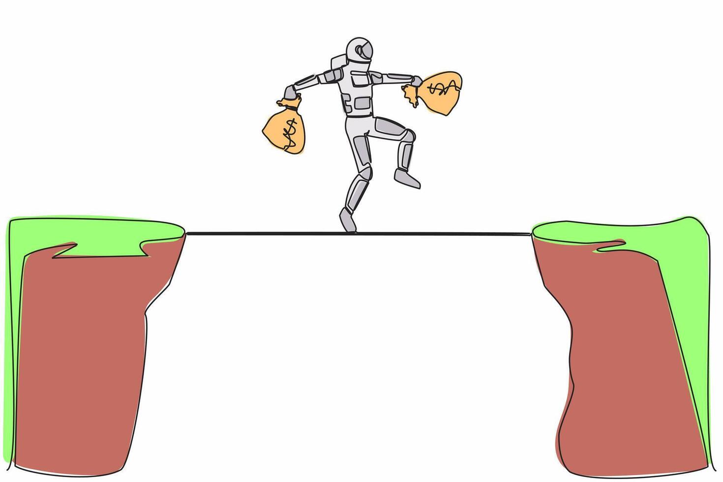 Célibataire continu ligne dessin astronaute marcher plus de falaise écart Montagne porter deux argent sac. risquer et dangereux dans espace expédition. cosmonaute Profond espace. un ligne graphique conception vecteur illustration