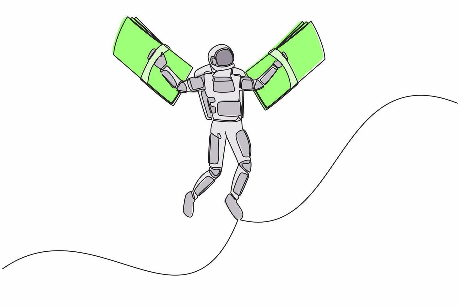 Célibataire un ligne dessin astronaute mouche avec billet de banque ailes. financier liberté avant Faire vaisseau spatial expédition. futur technologie développement. cosmique galaxie espace. continu ligne conception vecteur illustration