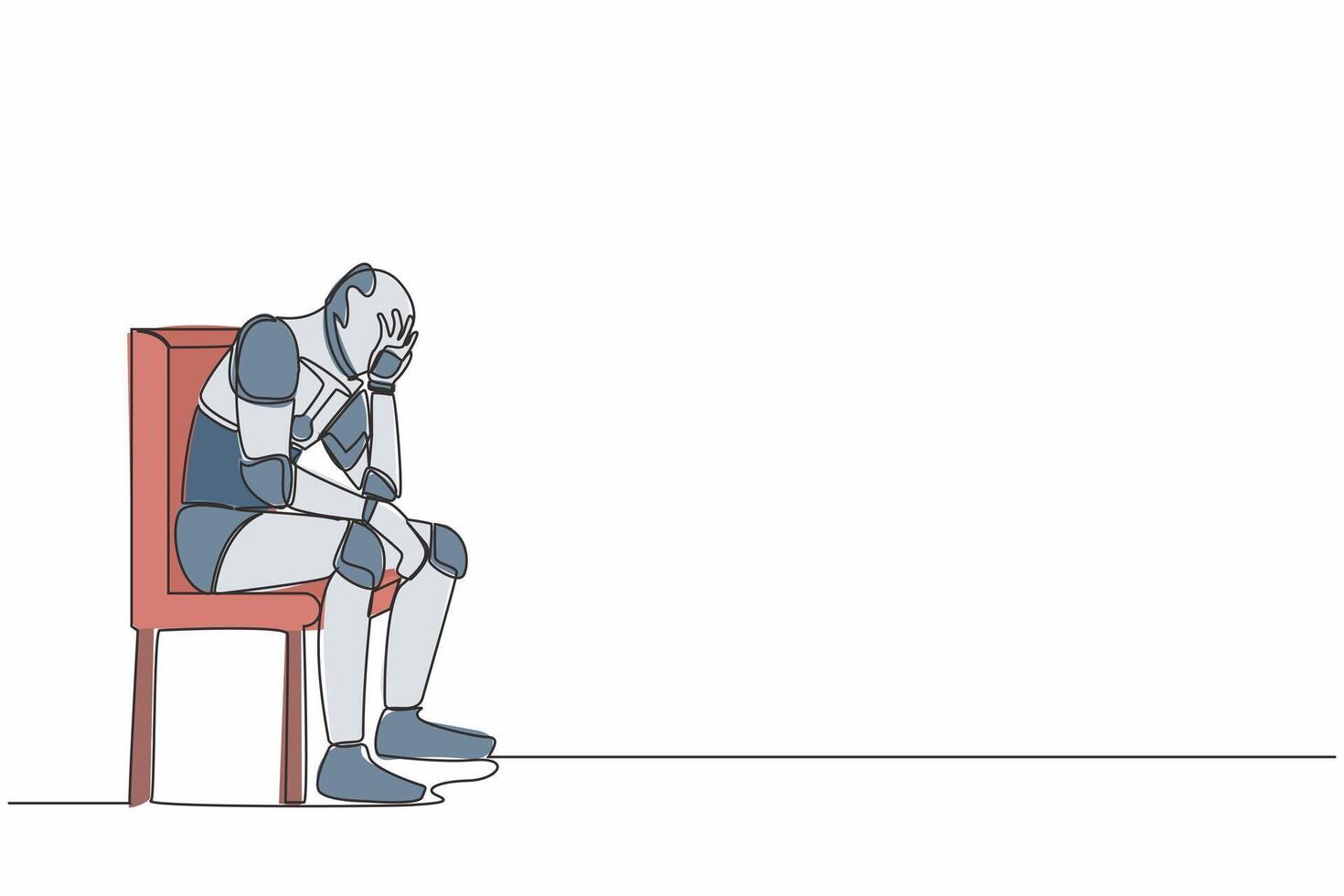 continu un ligne dessin robot tenir le sien tête séance sur chaise. le regret sur erreur, frustration, déprimé. humanoïde cybernétique organisme. futur robotique. Célibataire ligne dessiner conception vecteur illustration